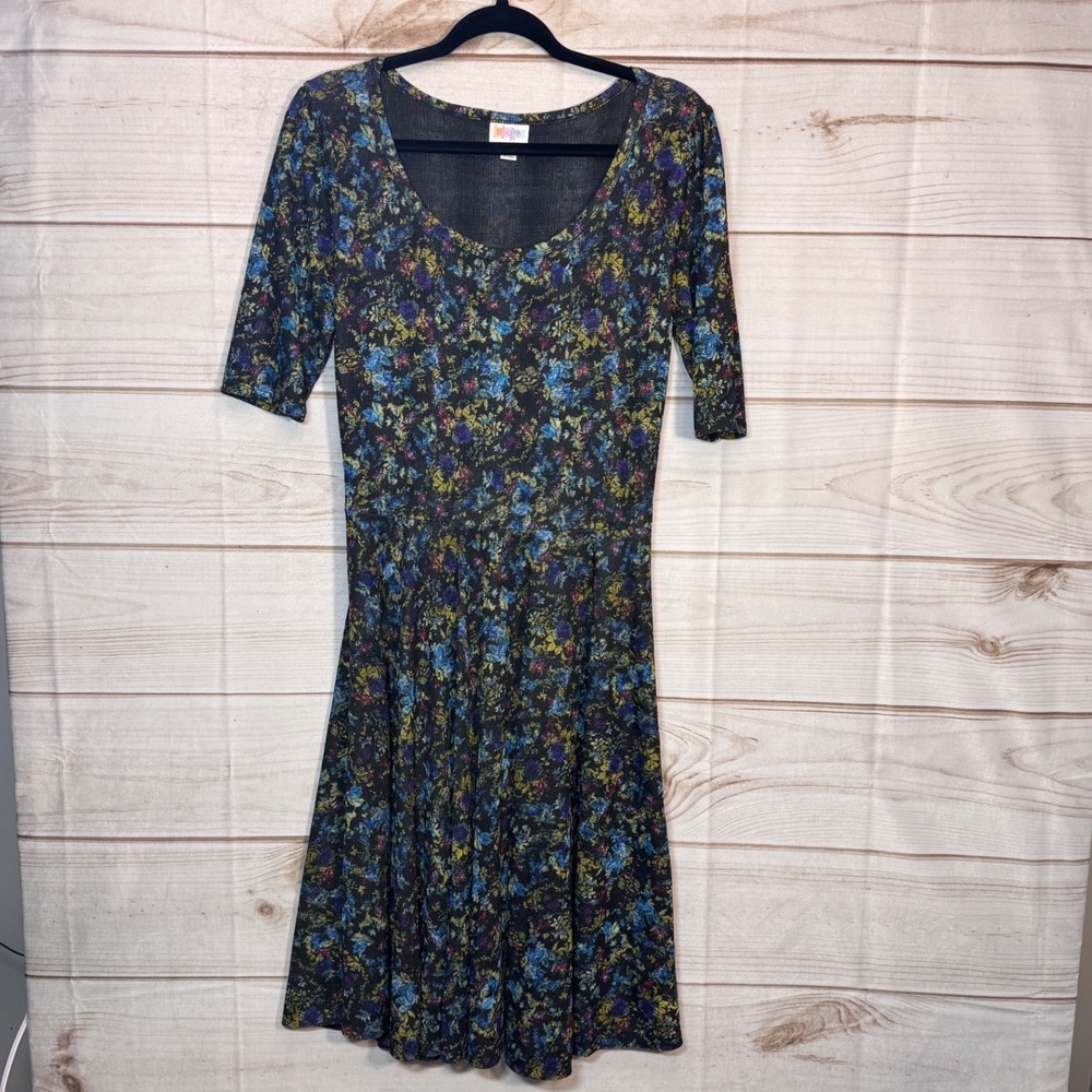 LuLaRoe Nicole Fit & Flare Dress Womens Medium Black Blue Floral Elbow Sleeve
